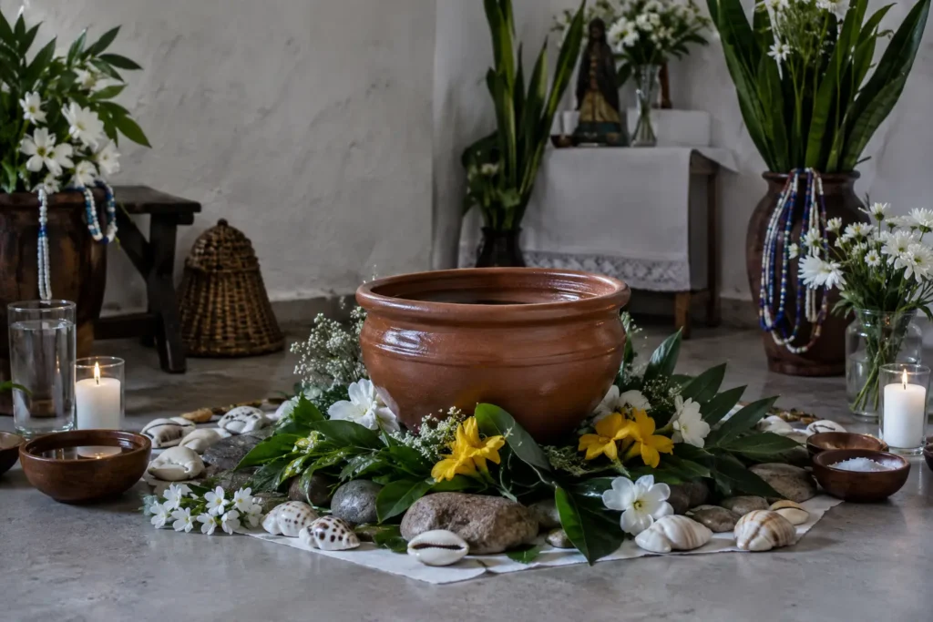 Quartinha com água em um assentamento de terreiro de Umbanda, em composição documental e respeitosa.