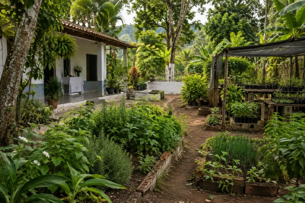 Quintal de terreiro de Umbanda com canteiros de ervas, viveiro de mudas e vegetação nativa, em ambiente de cuidado e preservação.