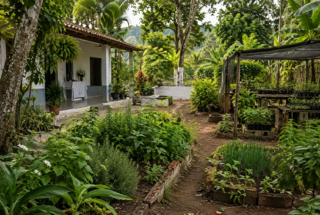 Quintal de terreiro de Umbanda com canteiros de ervas, viveiro de mudas e vegetação nativa, em ambiente de cuidado e preservação.