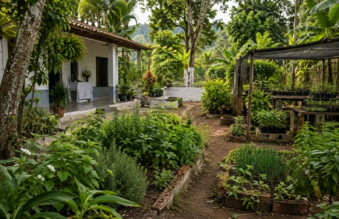Quintal de terreiro de Umbanda com canteiros de ervas, viveiro de mudas e vegetação nativa, em ambiente de cuidado e preservação.