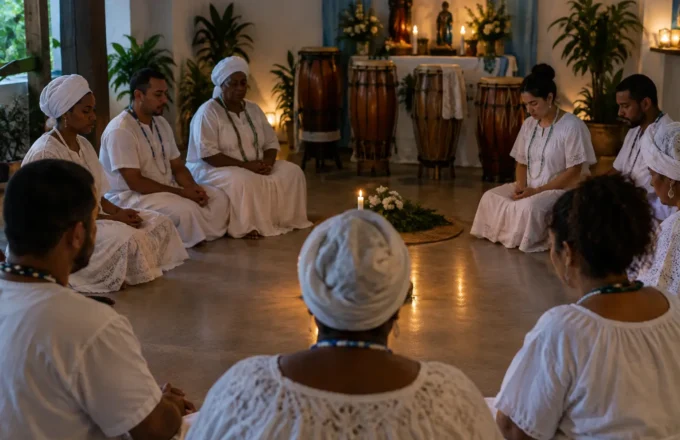 Roda de Umbanda em momento de atenção silenciosa, com participantes escutando o ponto cantado em ambiente de terreiro