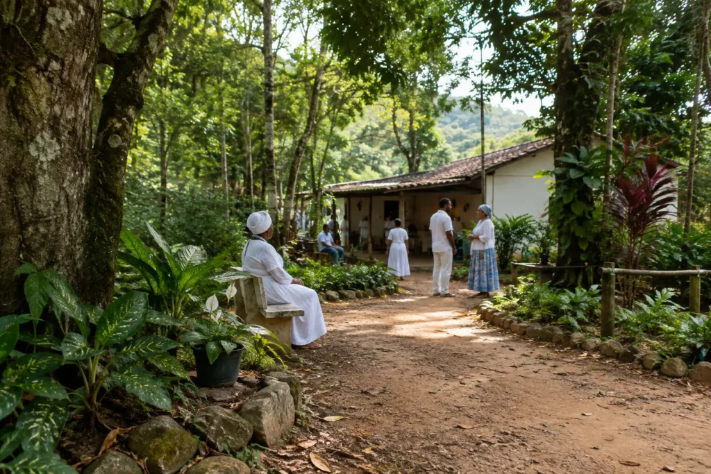 Terreiro de Umbanda em meio à área verde, associado à preservação ambiental e à memória cultural.