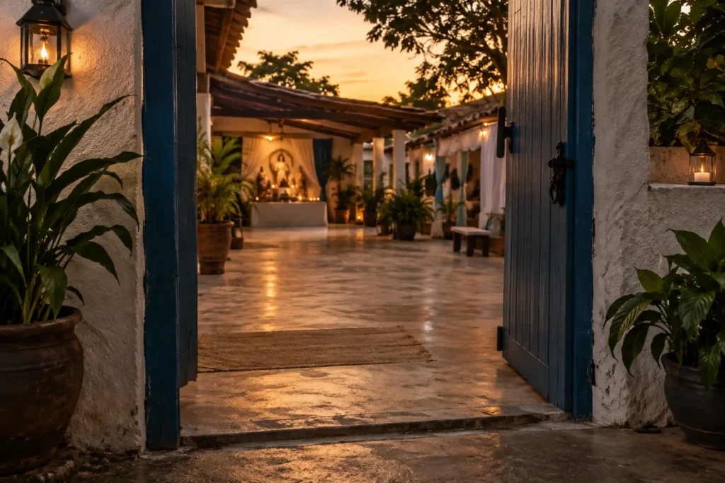 Entrada de um terreiro de Umbanda com a tronqueira sugerindo a passagem entre a rua e o espaço ritual, em imagem horizontal e respeitosa.
