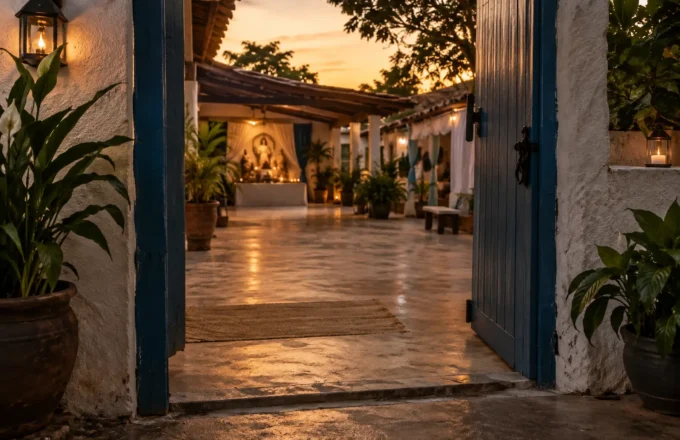 Entrada de um terreiro de Umbanda com a tronqueira sugerindo a passagem entre a rua e o espaço ritual, em imagem horizontal e respeitosa.